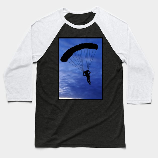 Parachuter Silhouette in Beautiful Blue Sky with a Black Border Baseball T-Shirt by Blue Butterfly Designs 